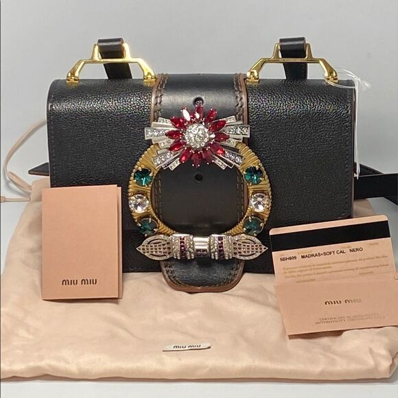 Miu Miu Madras Crystal Embellished Leather Shoulder Bag - Picture 5 of 13